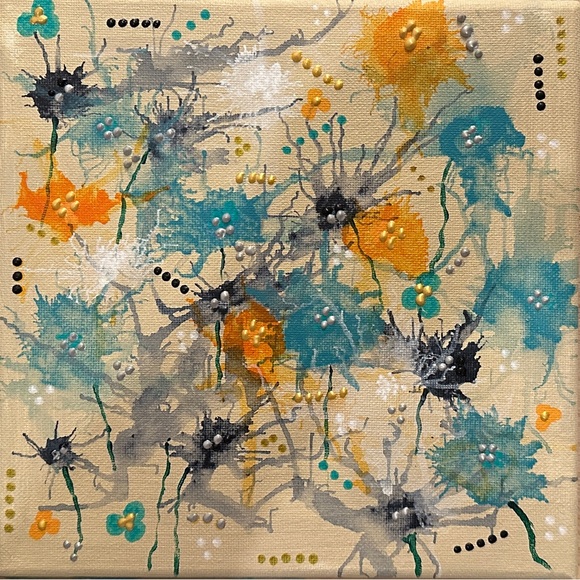 Handmade Other - Modern Teal and Orange Abstract Floral Canvas Art